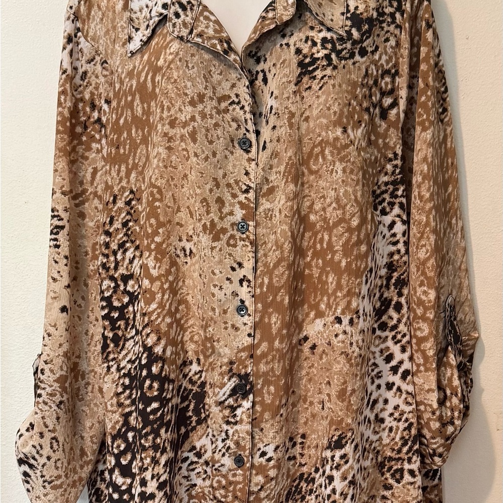 White Stag Animal Print Blouse Roll Tab Sleeves 4X